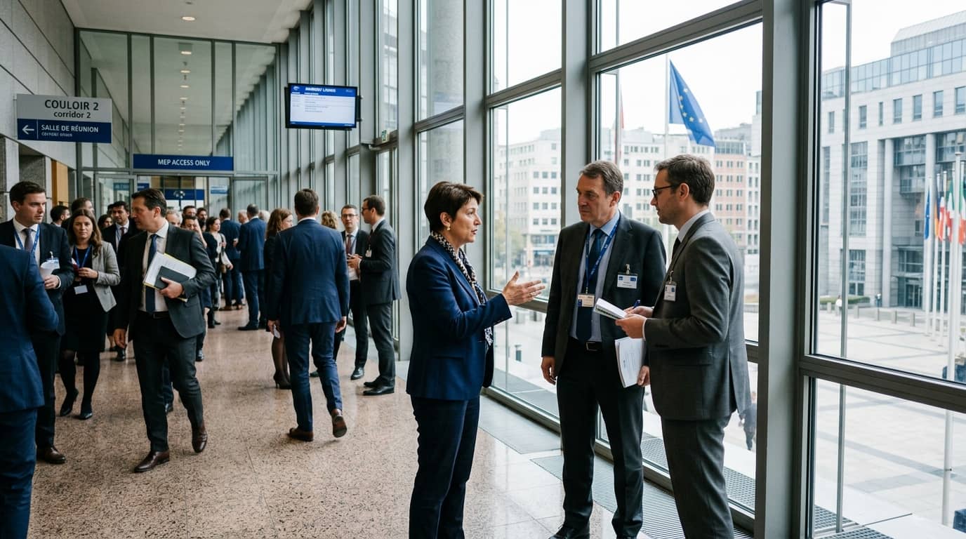 Politiker im EU-Parlament, Brüssel, diskutieren in einem verglasten Gang