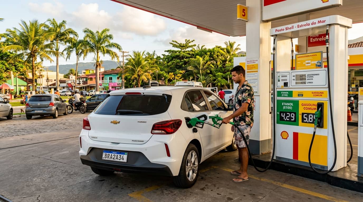 Mann tankt weißes Auto an einer Shell-Tankstelle in Brasilien