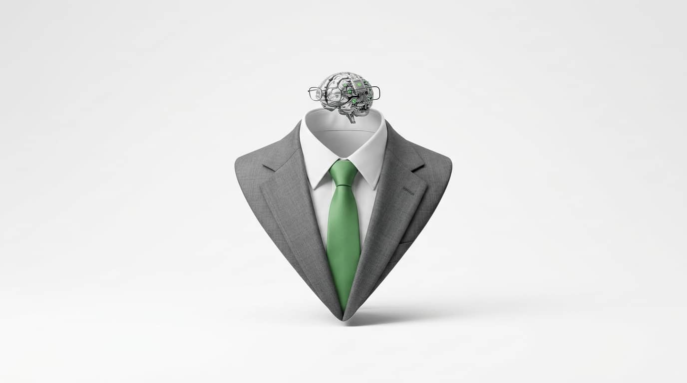 Grauer Anzug, Hemd und grüne Krawatte, darüber ein Robotergehirn mit Brille vor weißem Grund