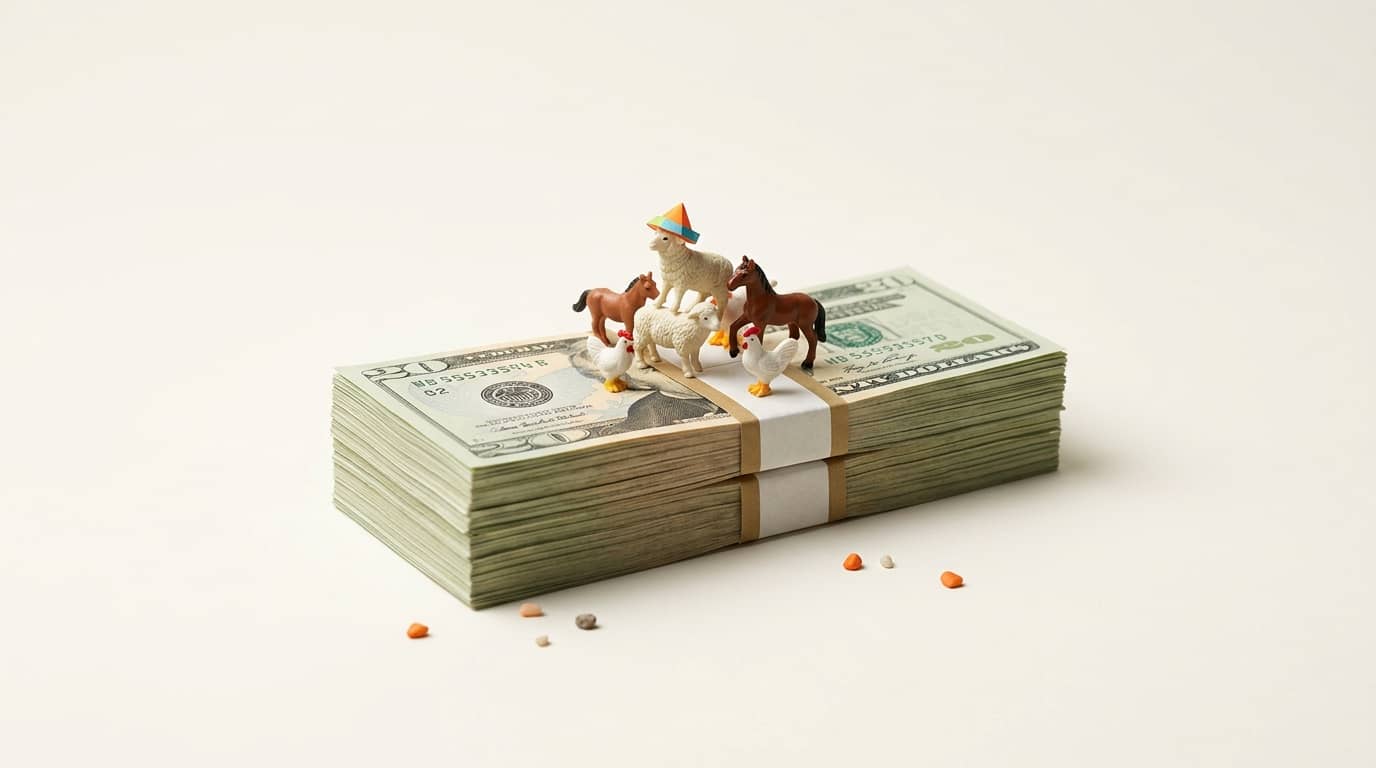Kleine Plastiktiere stehen auf einem Bündel US-Dollar-Banknoten auf hellem Grund