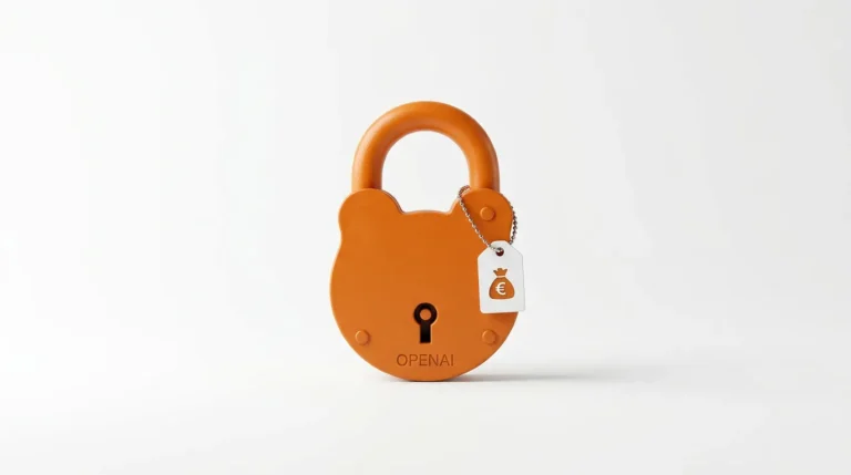 Ein einzelnes großes hellblaues Vorhängeschloss liegt auf reinweißem Grund, leicht schräg. Am Bügel hängt ein winziger grüner Schlüssel mit einer goldenen Prägung „AGENT". Viel Freiraum drumherum, minimale Anordnung. Apple minimalistisches Whitespace Design, reales Foto, Format 16:9