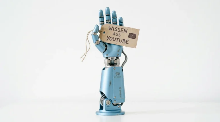 Der gleiche orangefarbene Roboterarm aus Option A, aber diesmal trägt er eine winzige schwarze Studentenmütze (Doktorhut) auf dem Gelenk. An der Filmklappe hängt zusätzlich ein kleines Diplom. Weißer Hintergrund, weicher Schatten. Apple minimalistisches Whitespace Design, reales Foto, Format 16:9