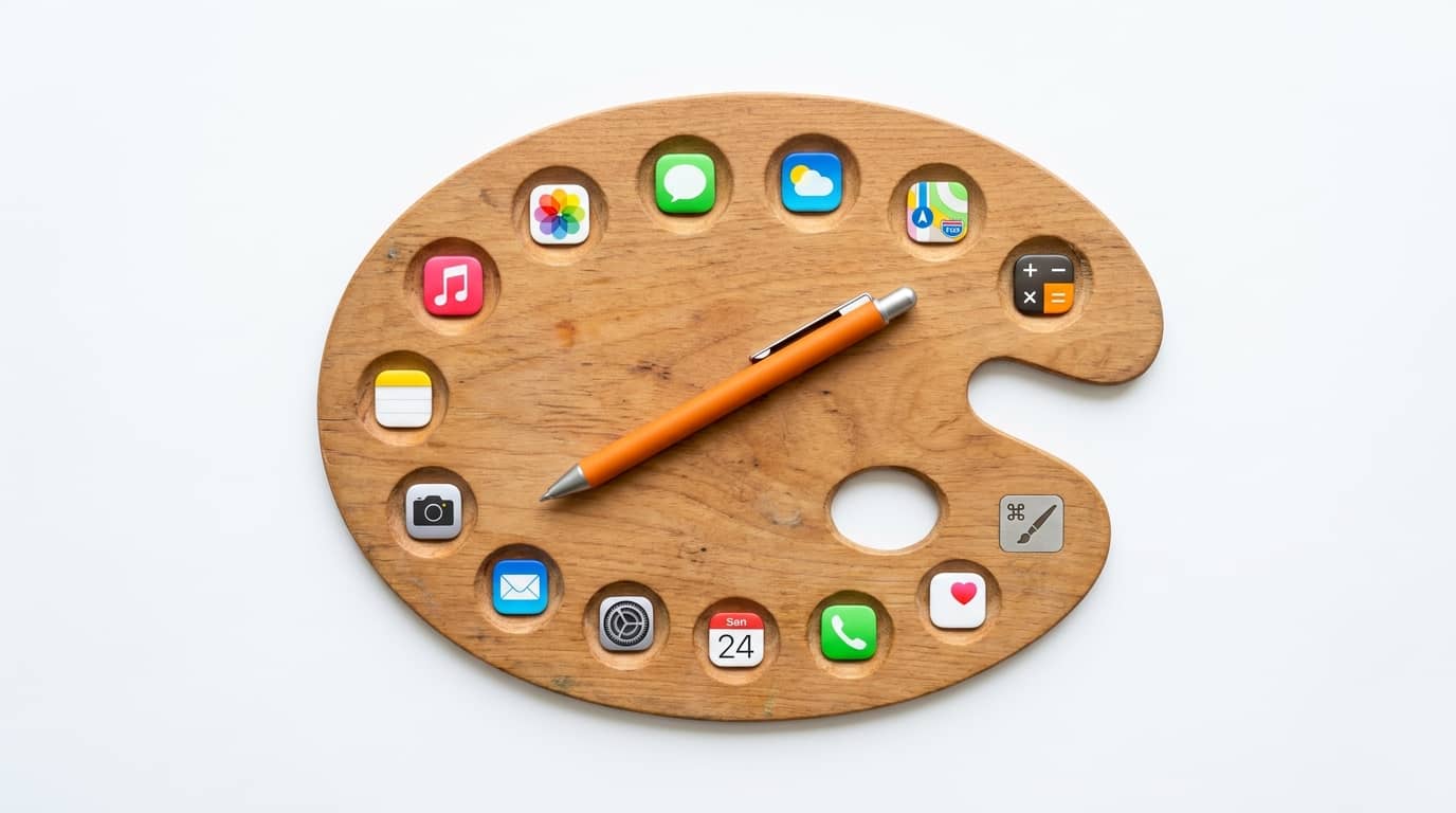 Hölzerne Farbpalette mit App-Icons statt Farben und einem Kugelschreiber