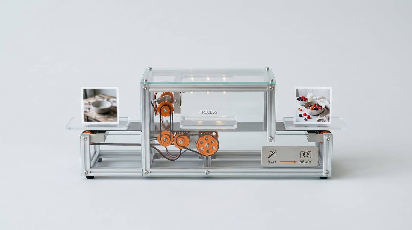 Modell einer Verarbeitungsmaschine mit einem Förderband für Bilder und Zahnrädern