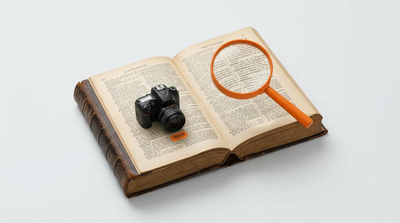 Kamera und orangefarbene Lupe auf einem alten, offenen Buch mit zwei Spalten Text