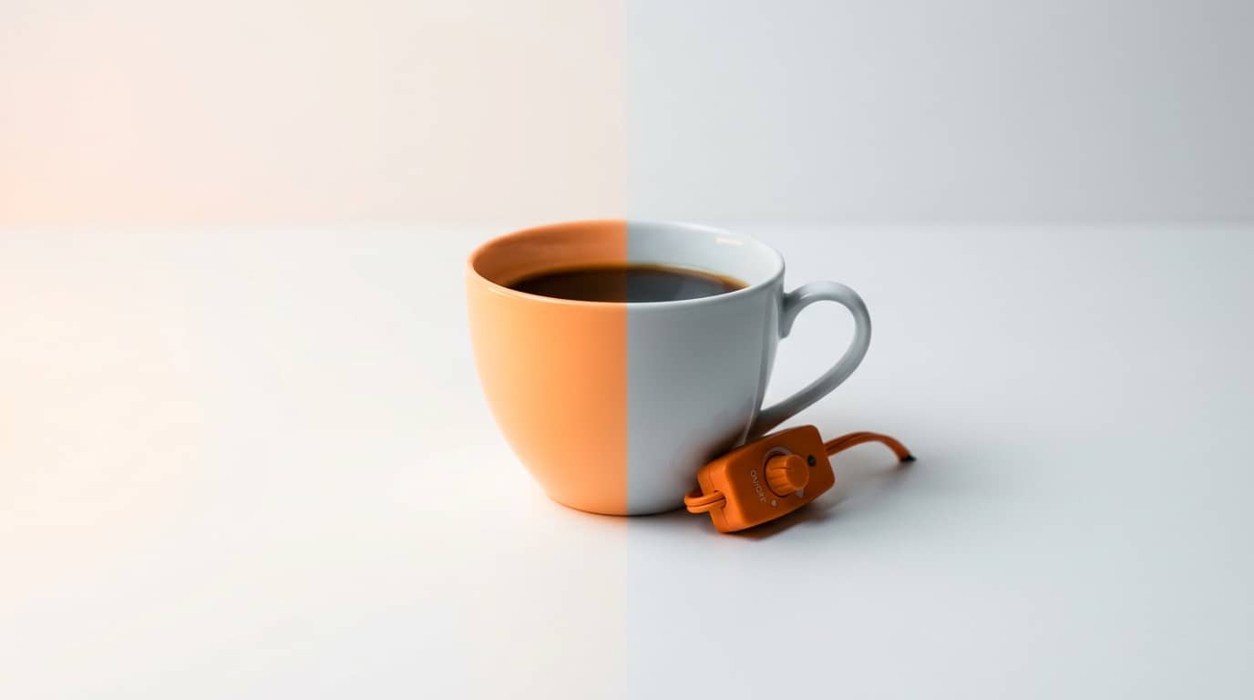 Kaffeetasse mit Drehschalter davor, vertikal geteilt in Orange und Grau