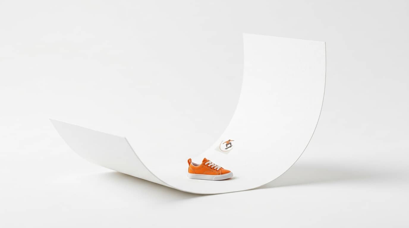 Oranger Sneaker und Skateboarder-Grafik auf U-förmigem, weißem Papierbogen vor weißem Grund