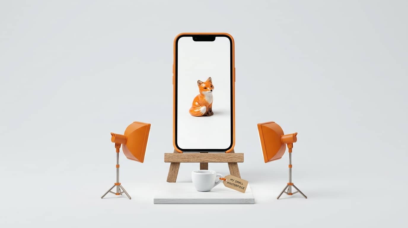 Handy auf Holzstativ mit Fuchs-Bild, flankiert von Lichtern, davor Tasse mit Etikett