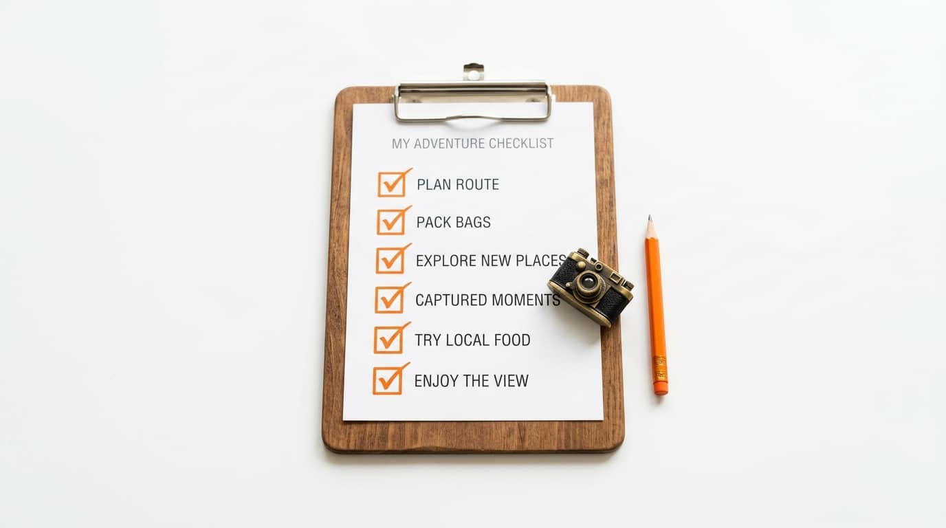 Klemmbrett mit Checkliste für Abenteuer, Kamera-Modell und Bleistift