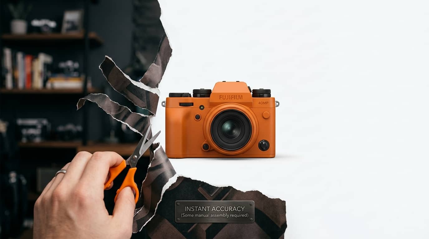 Orange Kamera im Studio-Stil enthüllt durch zerrissenes Hintergrundbild. Hand schneidet
