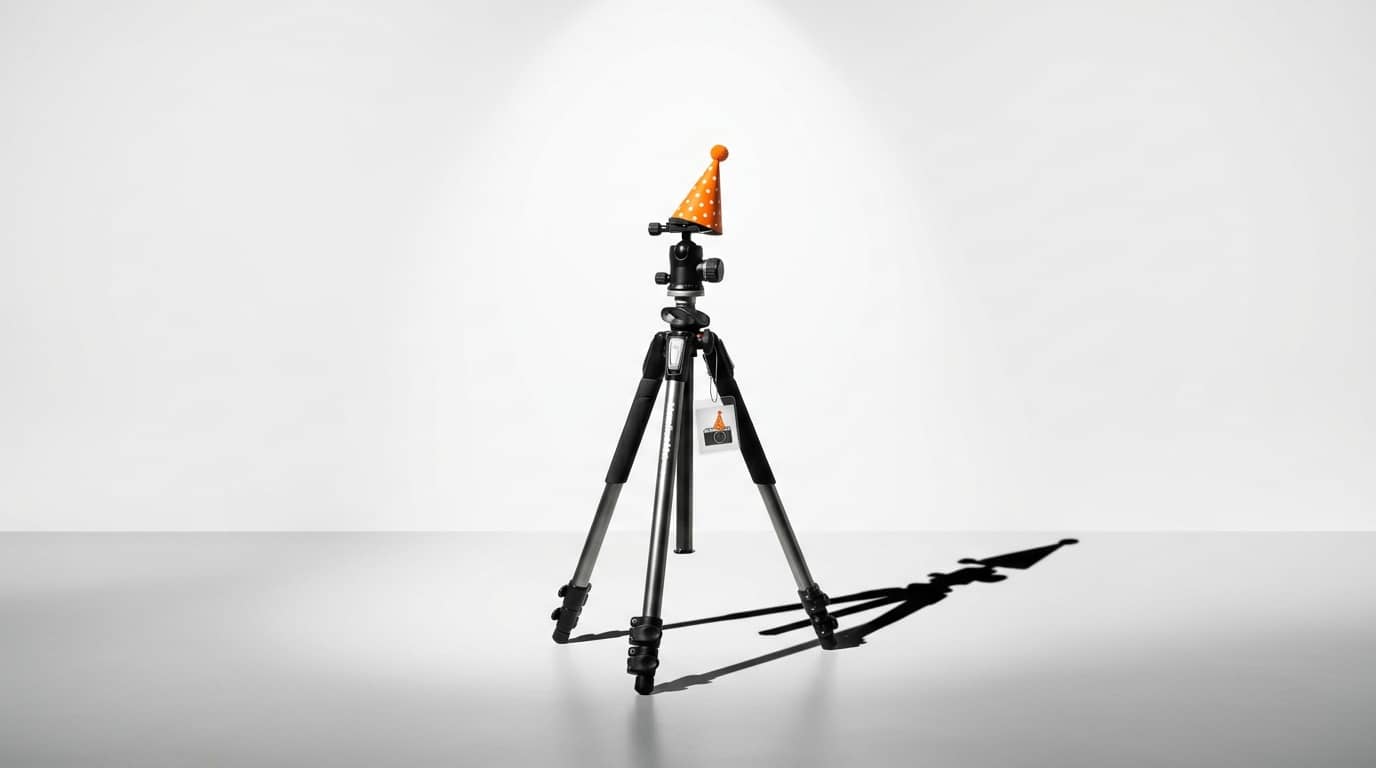 Kamerastativ mit orange gepunktetem Partyhut auf dem Kopf vor grauem Hintergrund