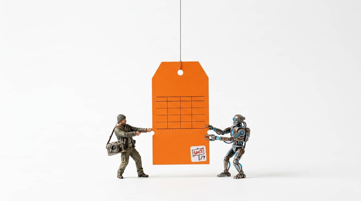 Mann mit Kamera und Roboter ziehen an einem hängenden orangefarbenen Preisschild
