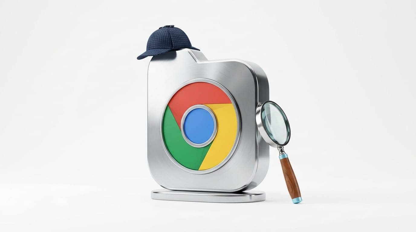 3D-Chrome-Logo in Metallgehäuse mit Deerstalker-Mütze und Lupe auf weißem Grund
