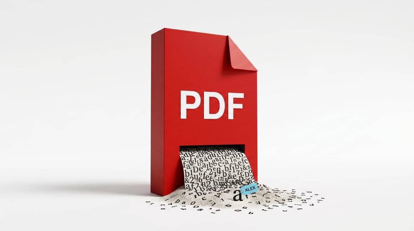 3D-PDF-Symbol, aus dessen Öffnung Text und lose Buchstaben fließen, davor eine blaue Marke