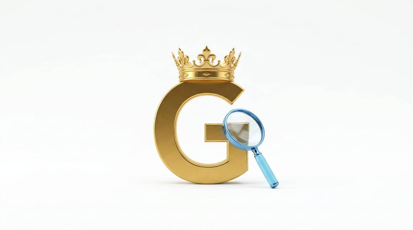 3D-Rendering: Goldener Buchstabe G mit Krone und hellblauer Lupe auf weißem Grund