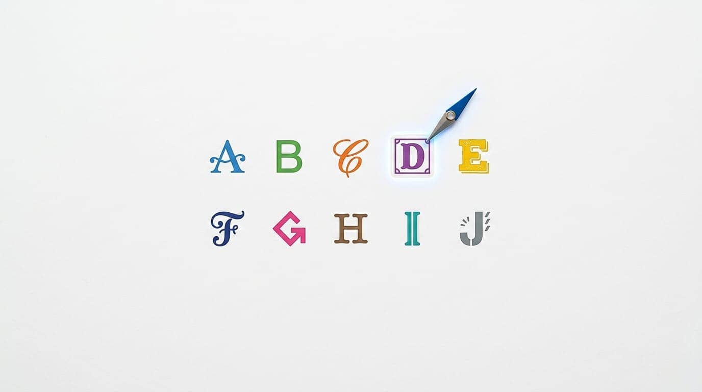 Bunte Buchstaben A bis J in zwei Reihen auf weißem Grund. Ein Pfeil zeigt auf das lila 'D'