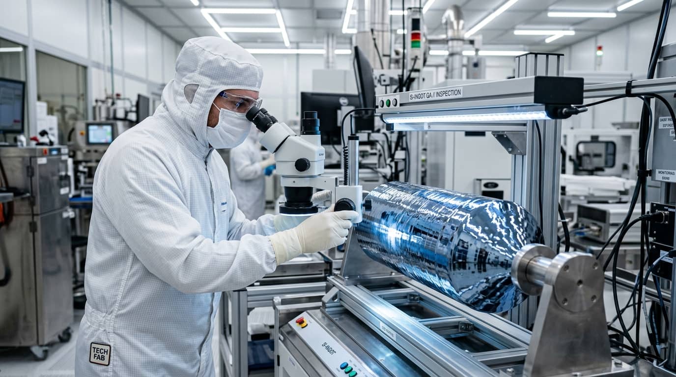 Ein Techniker im Reinraum-Anzug prüft einen Silizium-Ingot mit einem Mikroskop