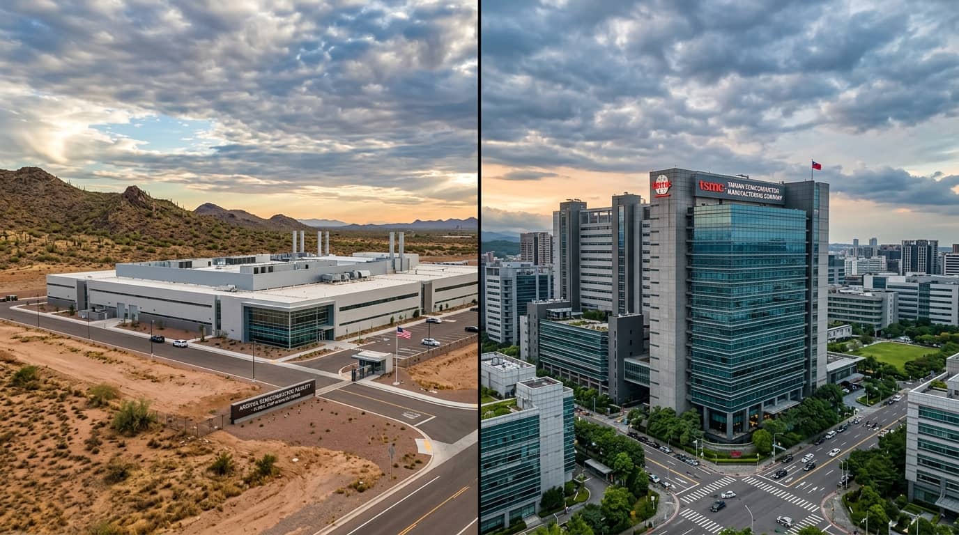 Luftbildvergleich: TSMC-Anlage in Arizona (links) und Hauptsitz in Taiwan (rechts)