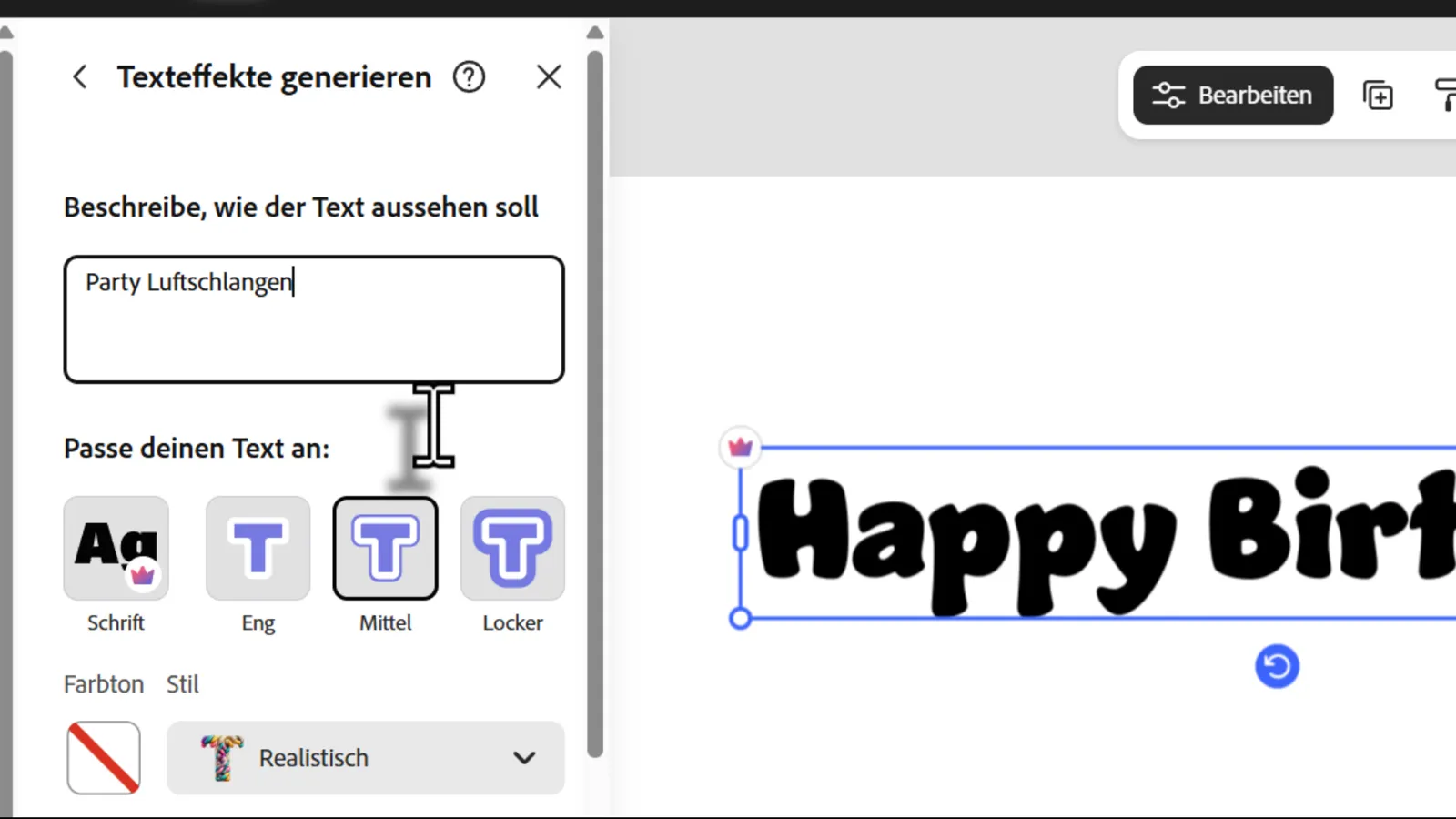Wir beschreiben in Adobe Express, wie der Texteffekt aussehen soll. In unserem Fall schreiben wir „Party Luftschlangen“.