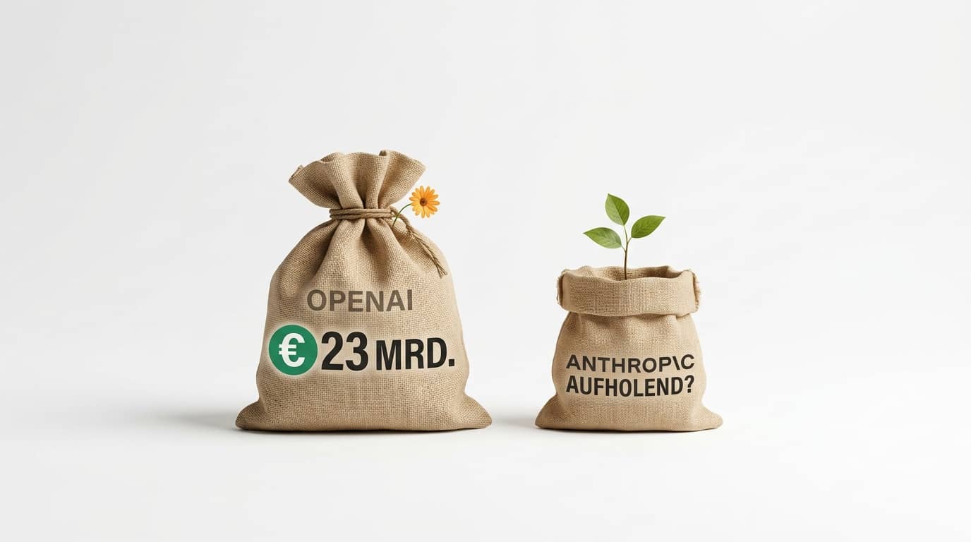 Ein großer Jutesack mit der Aufschrift „OPENAI“ und „€ 23 MRD.“ steht links, ein kleinerer Jutesack mit der Aufschrift „ANTHROP\C AUFHOLEND?“ und einer kleinen Pflanze steht rechts