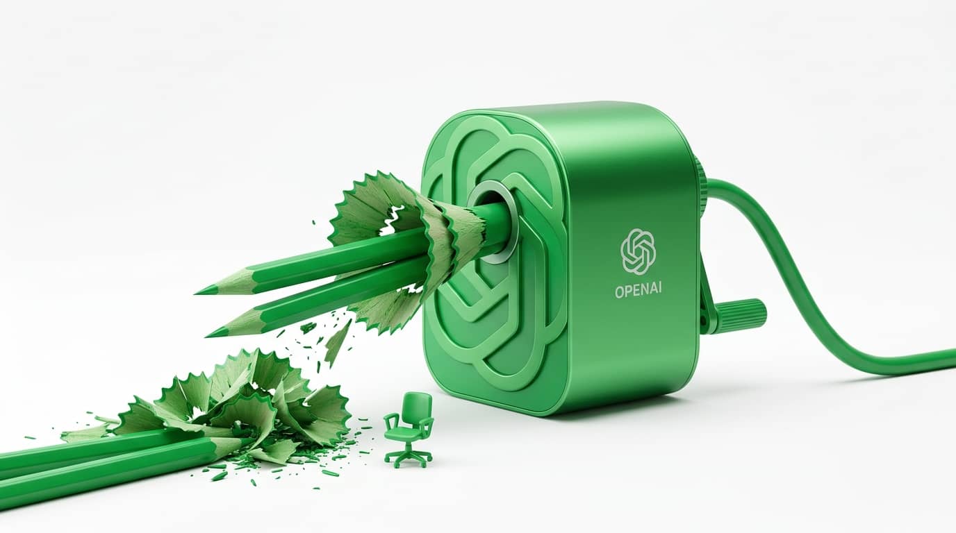 Grüner OpenAI-Anspitzer, Bleistifte, Späne und Miniatur-Bürostuhl auf weißem Grund