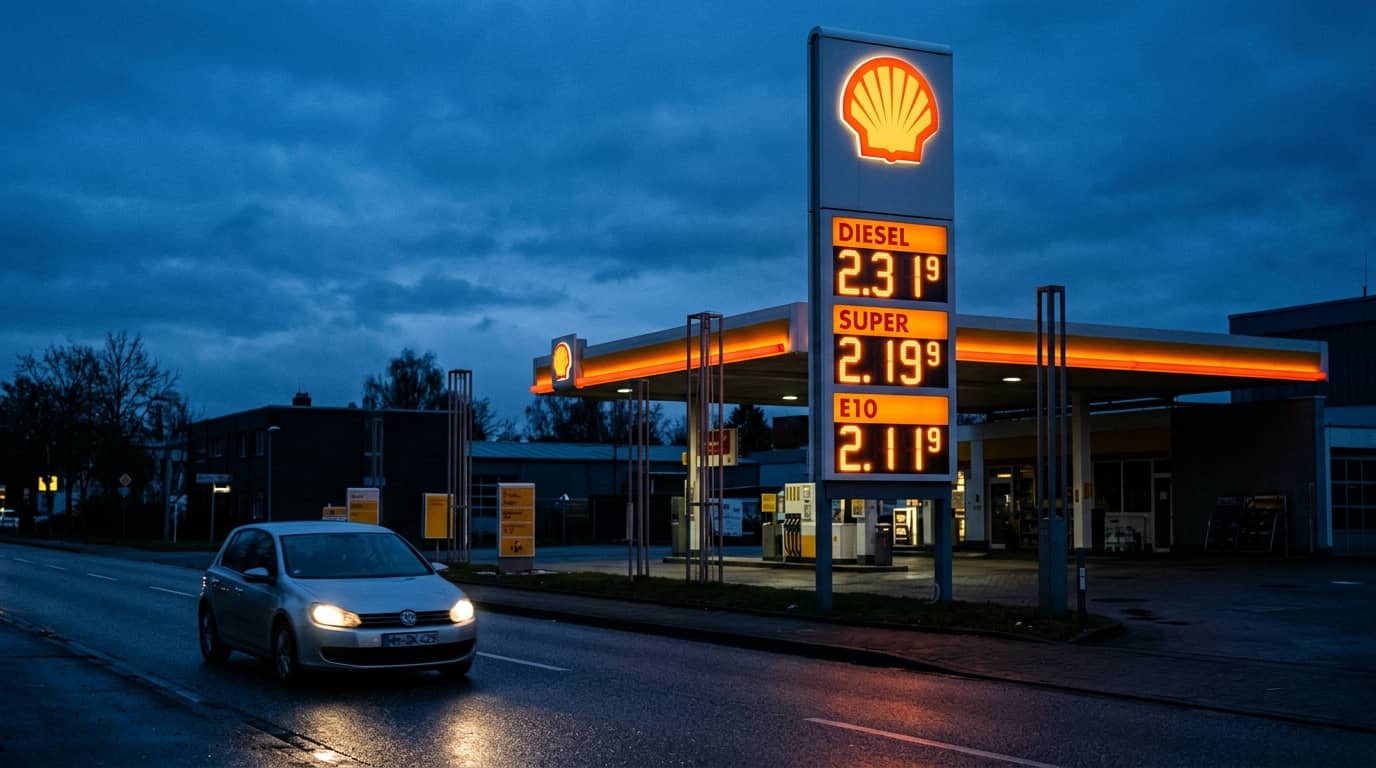 Beleuchtete Shell-Tankstelle mit Preistafel bei Nacht und einem vorbeifahrenden Auto