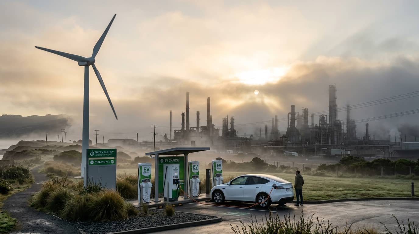 E-Auto lädt vor Windrad und rauchender Industrieanlage bei Sonnenaufgang