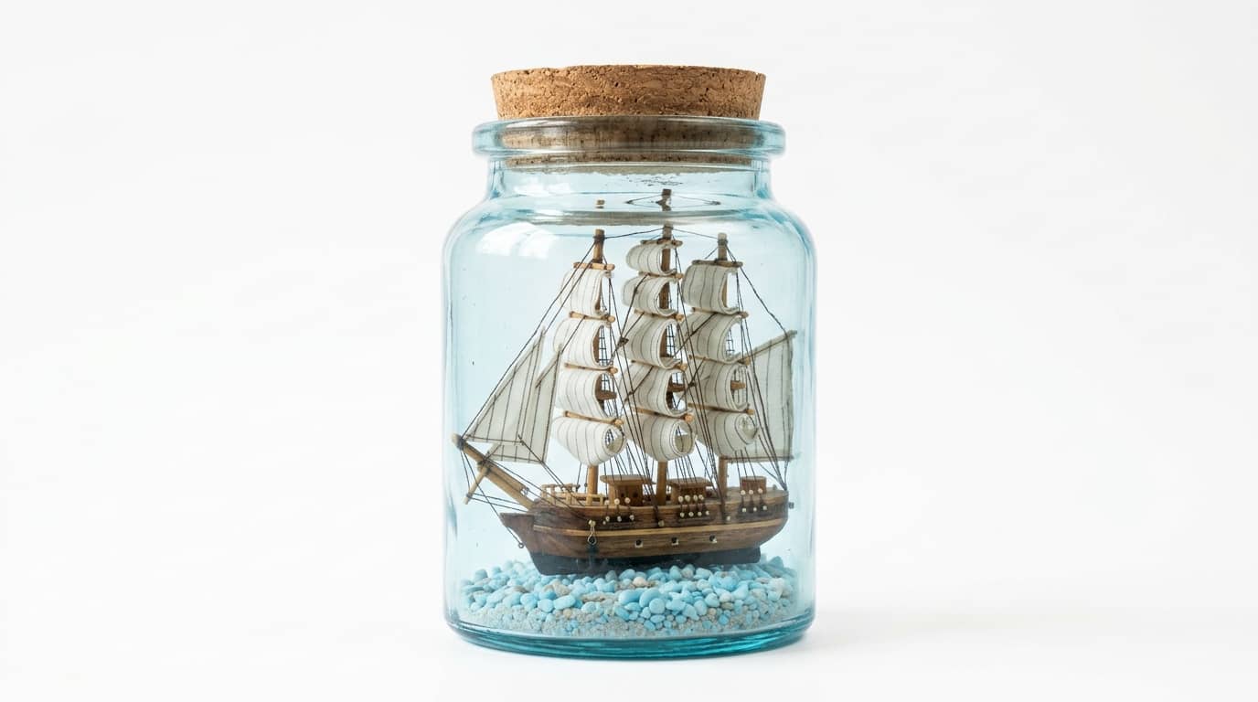 Modellschiff in klarem Glasflakon mit Korken auf blauen Kieseln vor weißem Hintergrund
