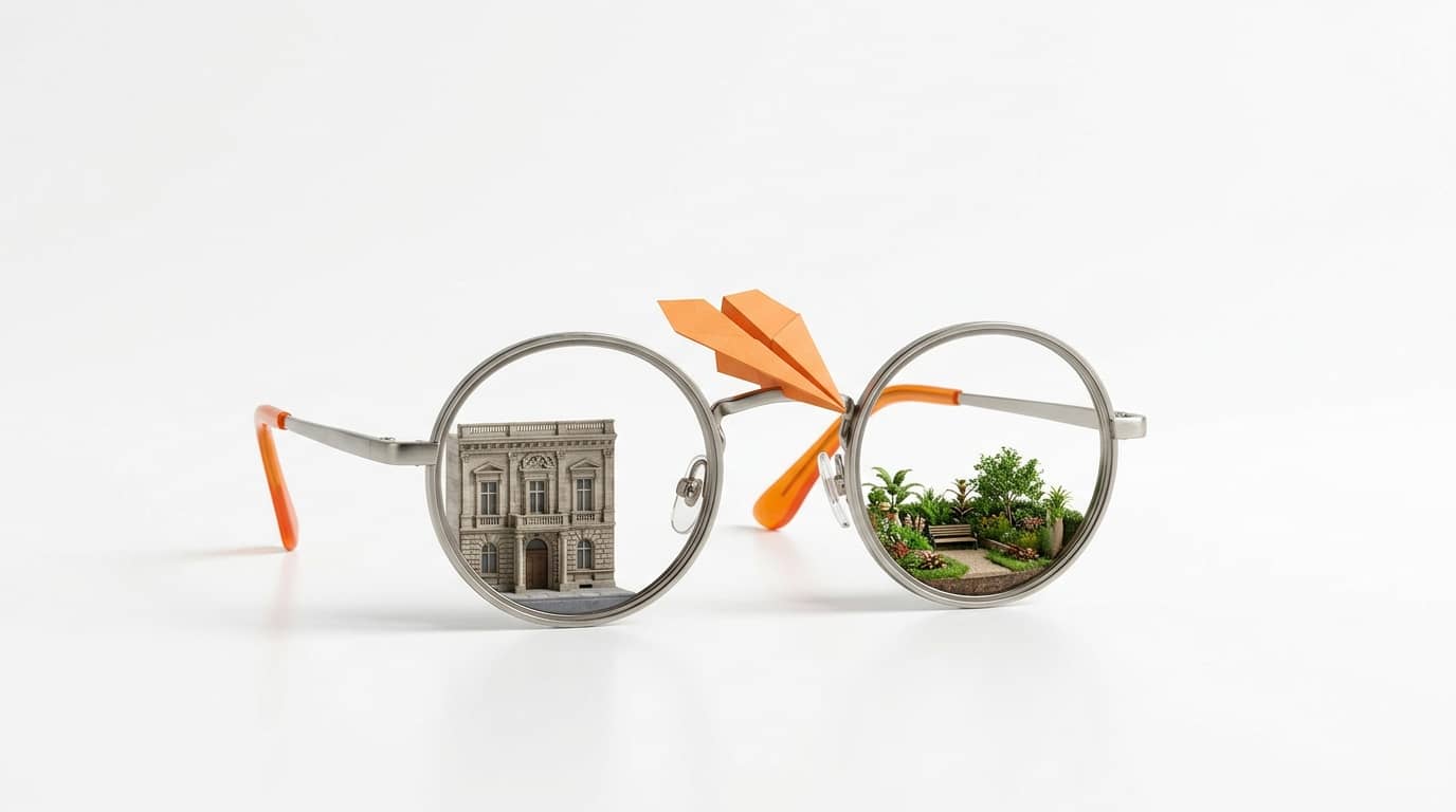 Brille mit Miniaturgebäudeszene im linken und Miniaturgartenszene im rechten Glas, weißer Hintergrund