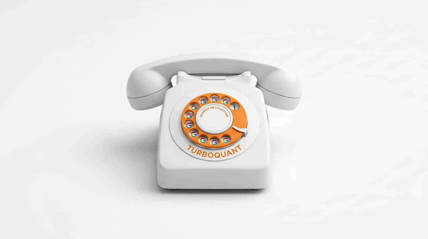 Weißes Wählscheibentelefon mit orangefarbener Wählscheibe, Google-Logos und Aufschrift „Turboquant“
