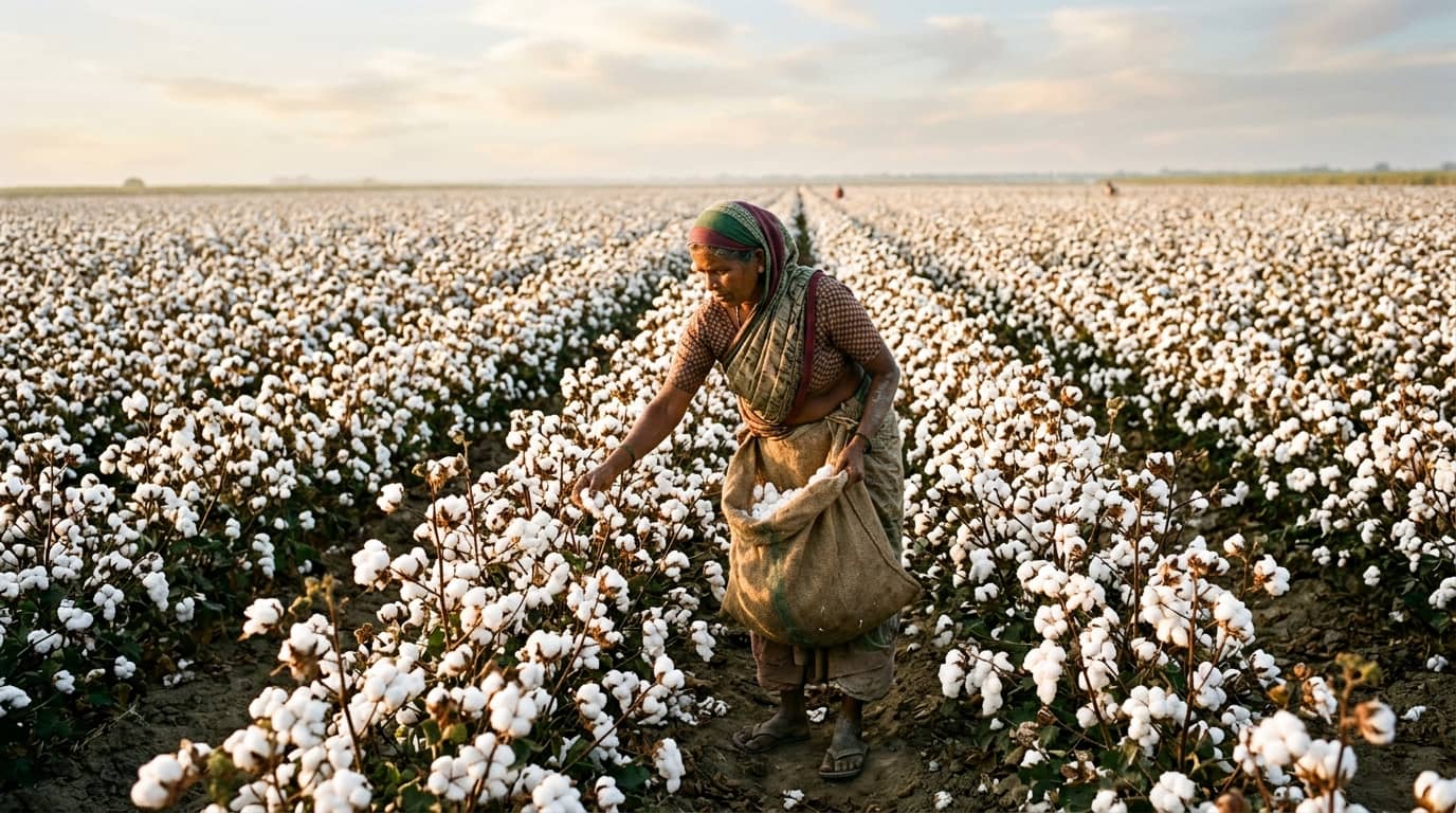 Indische Frau in Saree erntet Baumwolle auf einem großen Feld, Sack tragend