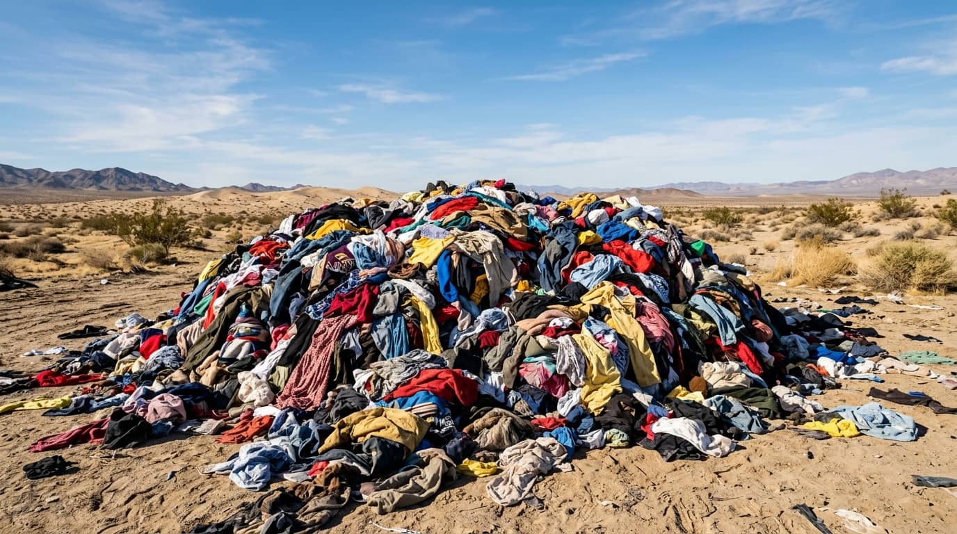 Ein großer, bunter Haufen Altkleider liegt in einer trockenen, hügeligen Wüstenlandschaft