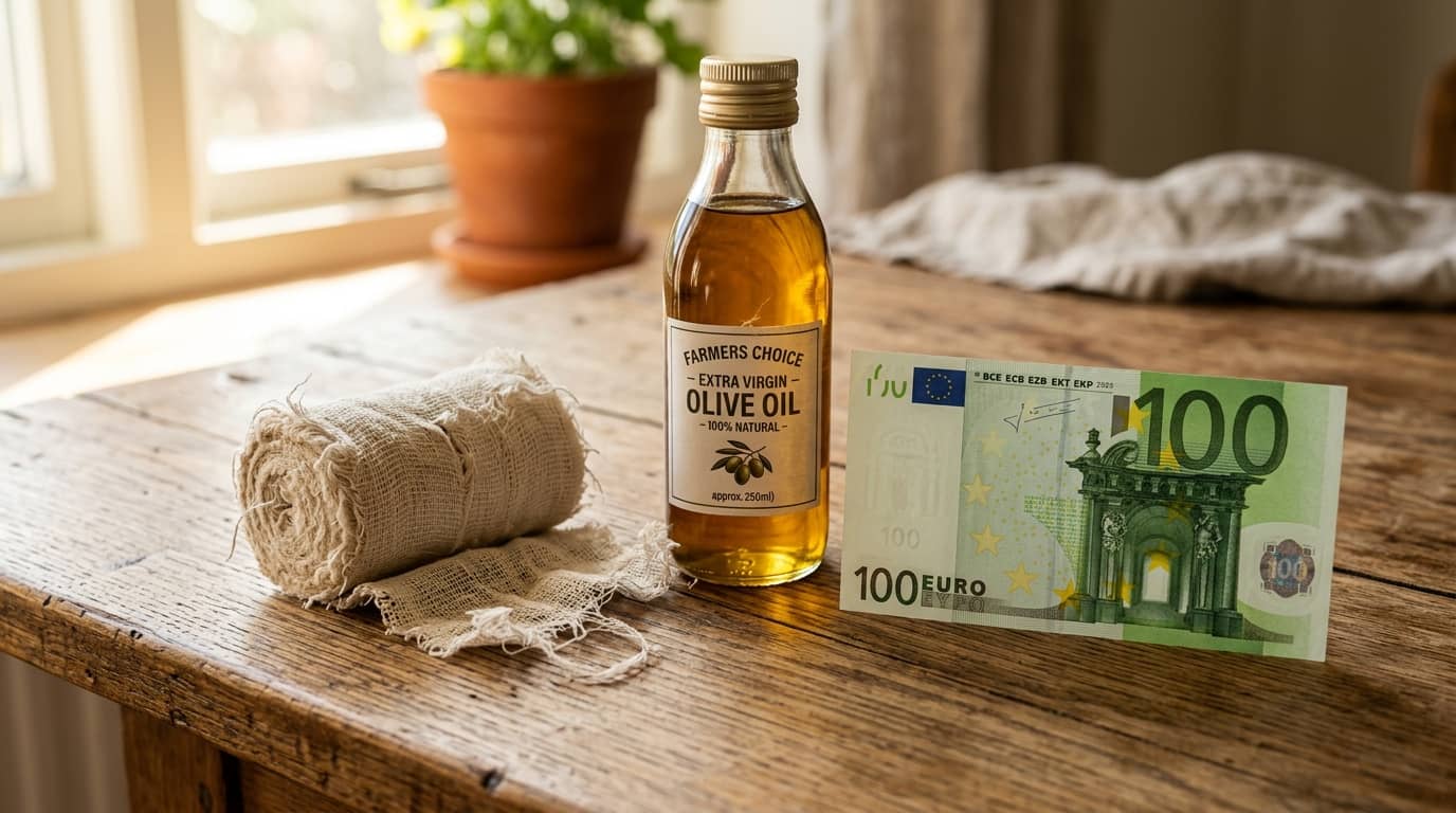Flasche Olivenöl, 100-Euro-Schein und Leinenrolle auf Holztisch vor Fenster