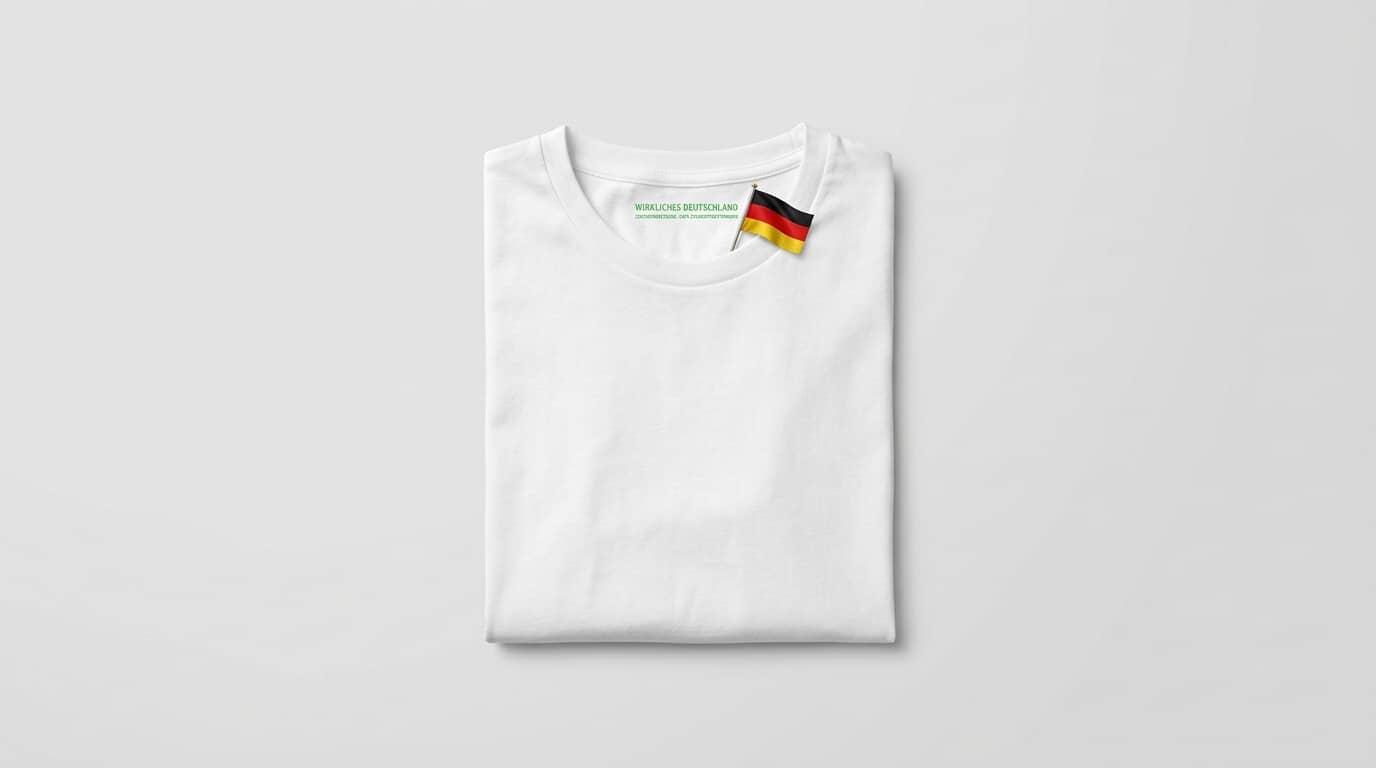 Gefaltetes weißes T-Shirt mit deutscher Flagge und Text am Kragen