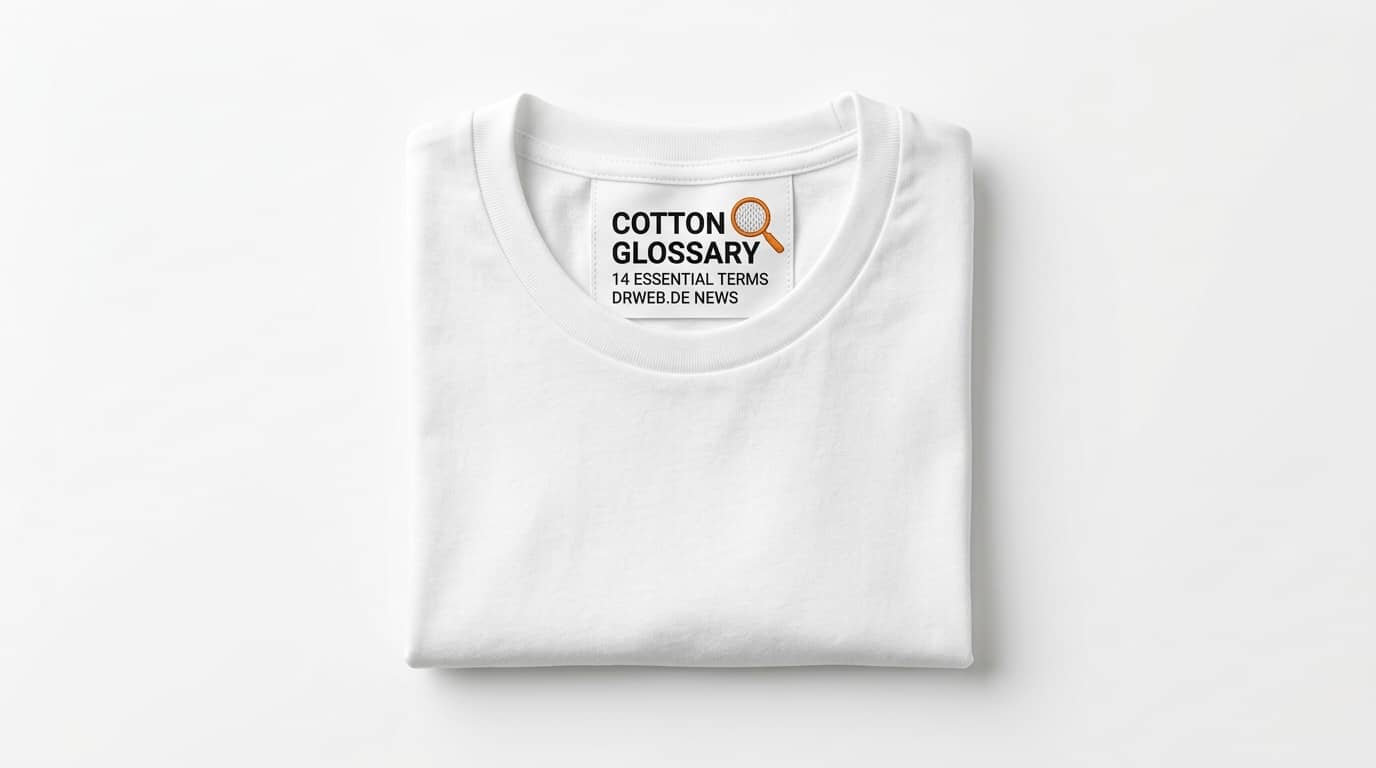 Gefaltetes weißes T-Shirt mit Kragen-Etikett und Lupe vor weißem Hintergrund