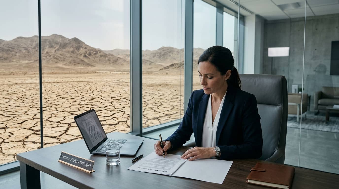 Geschäftsfrau unterschreibt Dokumente im Büro mit Blick auf eine dürre Wüstenlandschaft