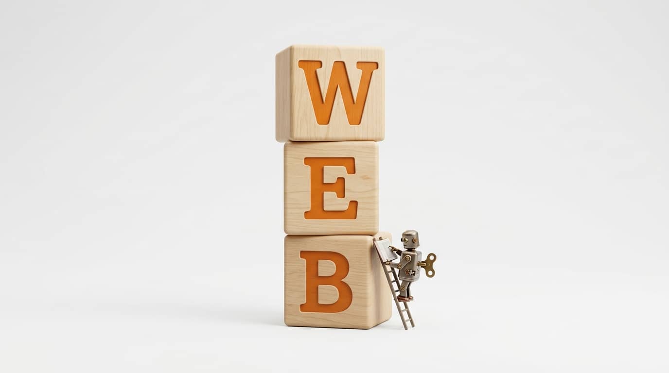 Kleiner Roboter auf Leiter vor einem Stapel Holzkl&ouml;tze, die das Wort WEB bilden