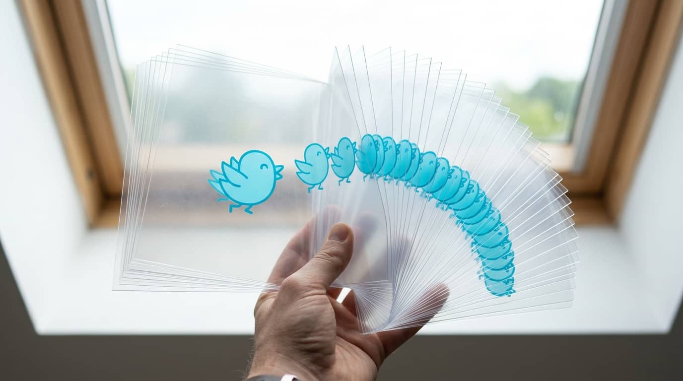 Fächer aus Klarsichtfolien mit Vogel-Animationsphasen in einer Hand vor Dachfenster