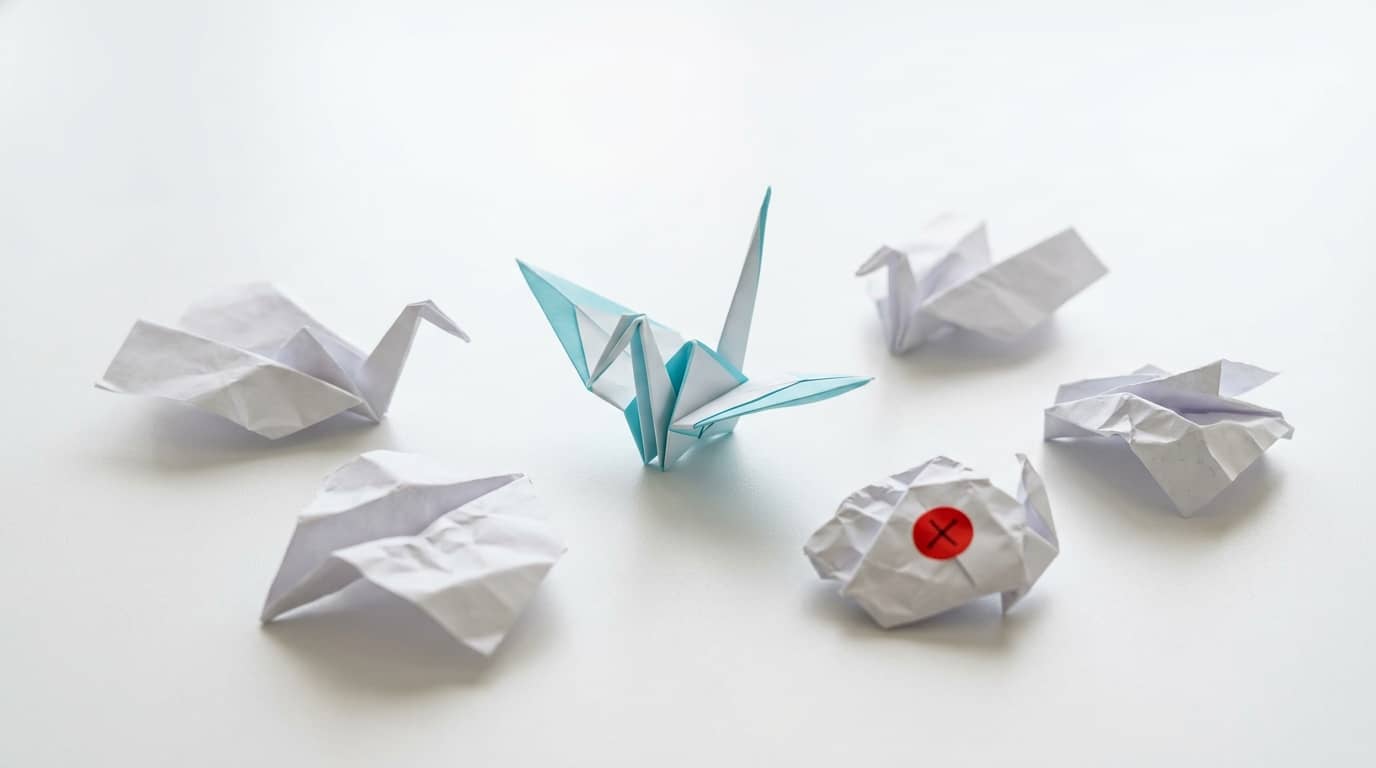 Ein blauer Origamikranich, umgeben von fünf zerknitterten Papierkranichen auf weißem Grund