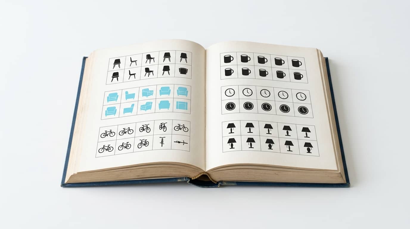 Aufgeschlagenes Buch mit sechs Bildersymbol-Rastern aus Stühlen, Tassen, Uhren, Velos und Lampen