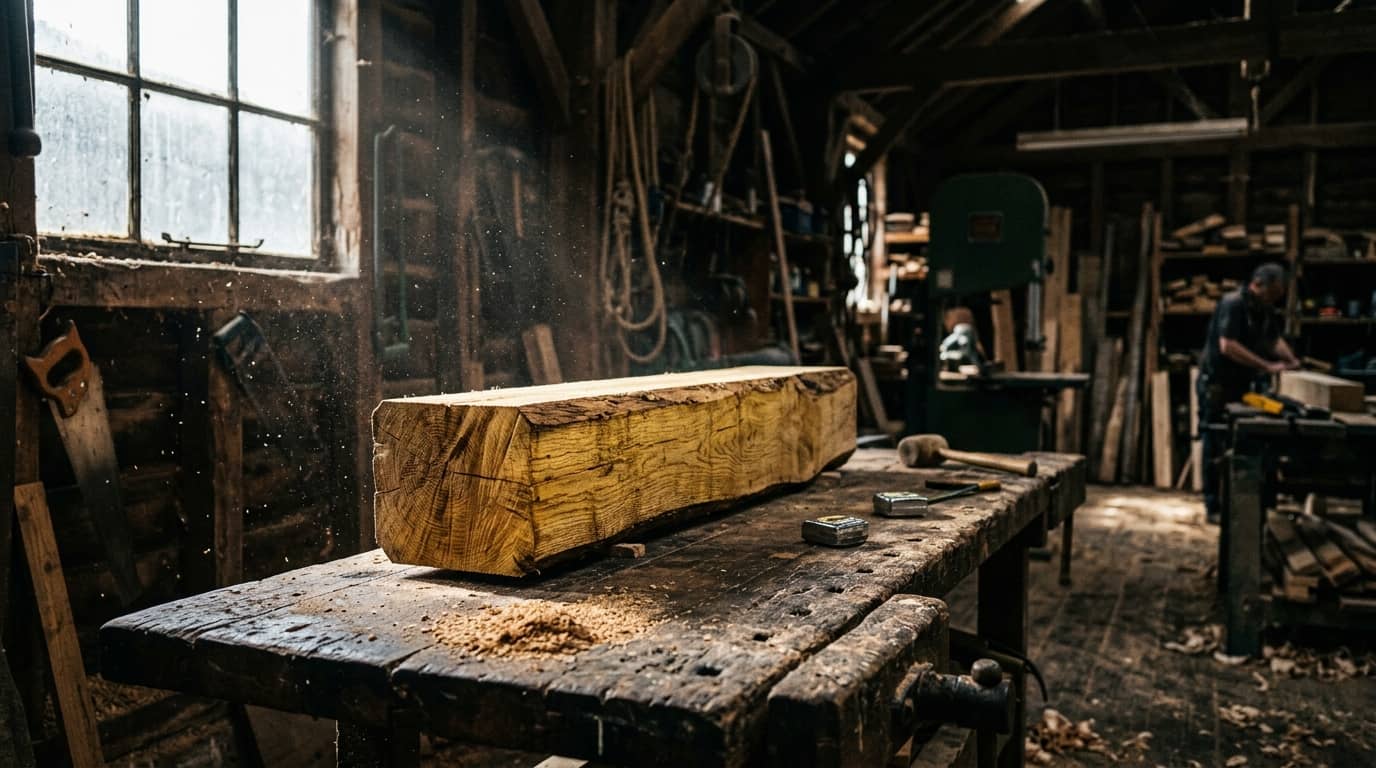 Ein Holzklotz auf einer Werkbank in einer Werkstatt