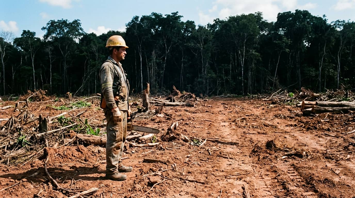 Waldarbeiter mit Helm und Kettensäge steht auf gerodetem Regenwaldboden vor dunklem Waldsaum