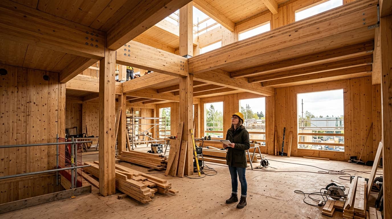 Ingenieurin mit Bauhelm begutachtet Holzbauweise auf Baustelle