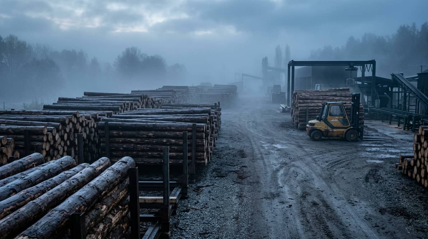 Ein Nebel umhüllter Holzlagerplatz mit Stapeln von Baumstämmen und einem Gabelstapler davor