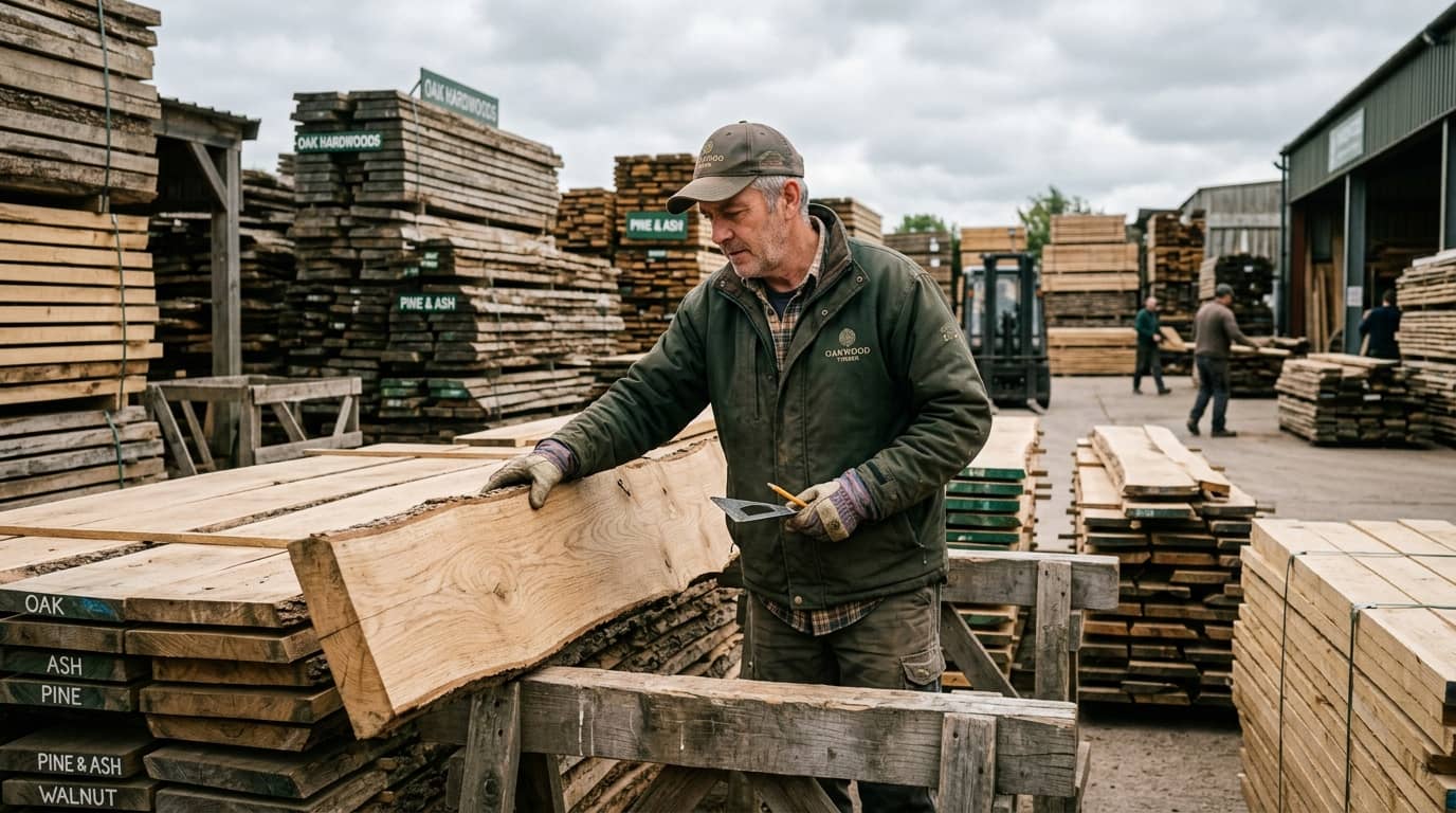 Mann mit Kappe prüft Holzdiele mit Winkel auf Holzlagerplatz vor Stapeln mit Brettern