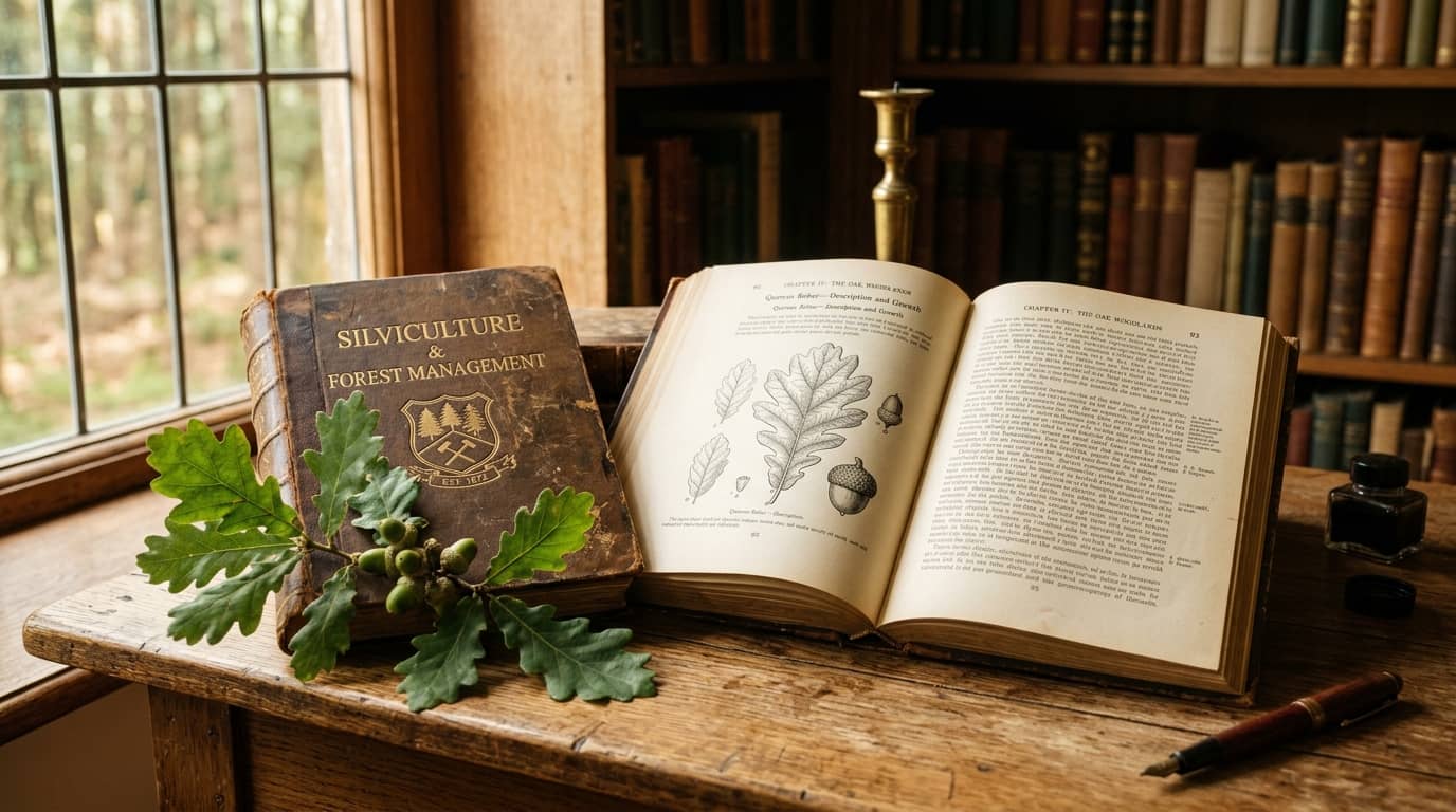 Alte Forstbücher und Eichenzweig auf einem Holzschreibtisch vor einem Fenster
