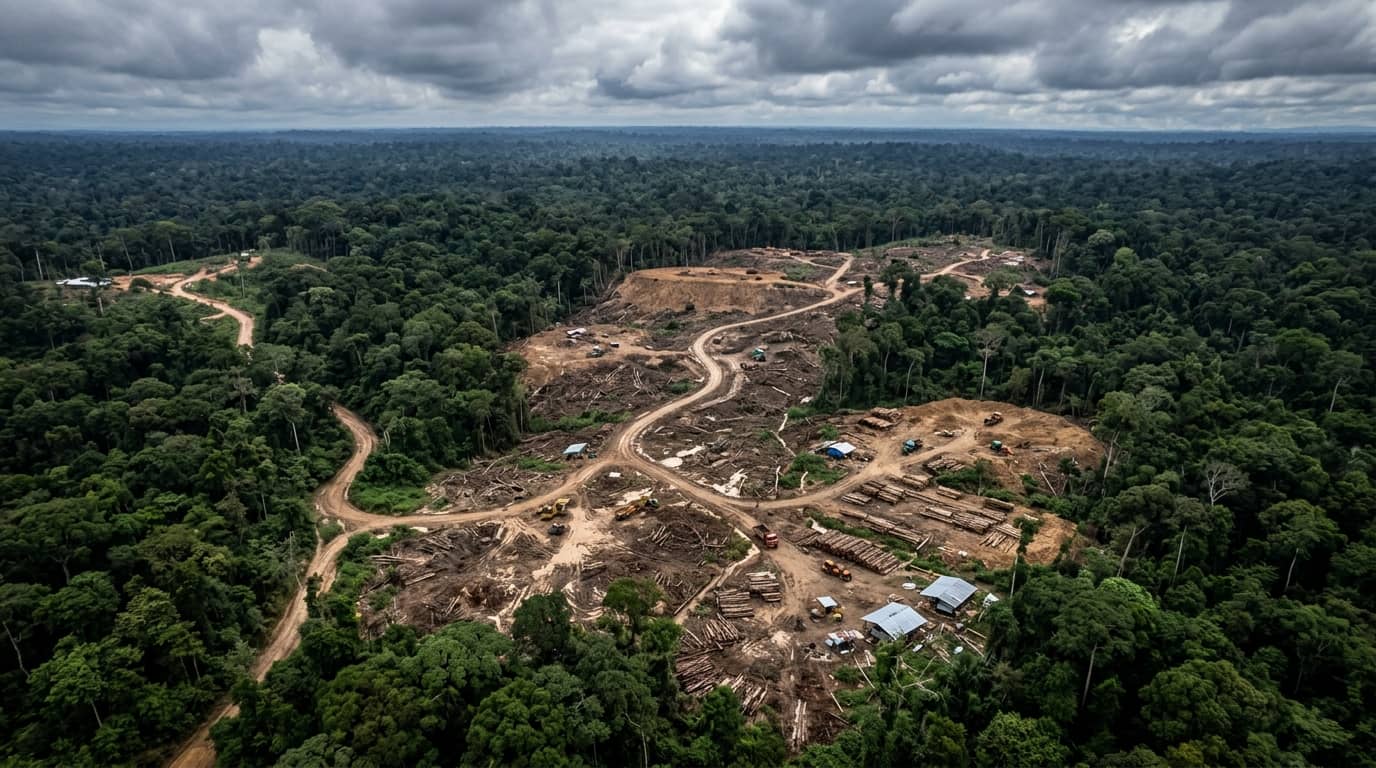 Luftaufnahme einer Rodungsfläche im tropischen Regenwald mit Wegen und Baumaschinen