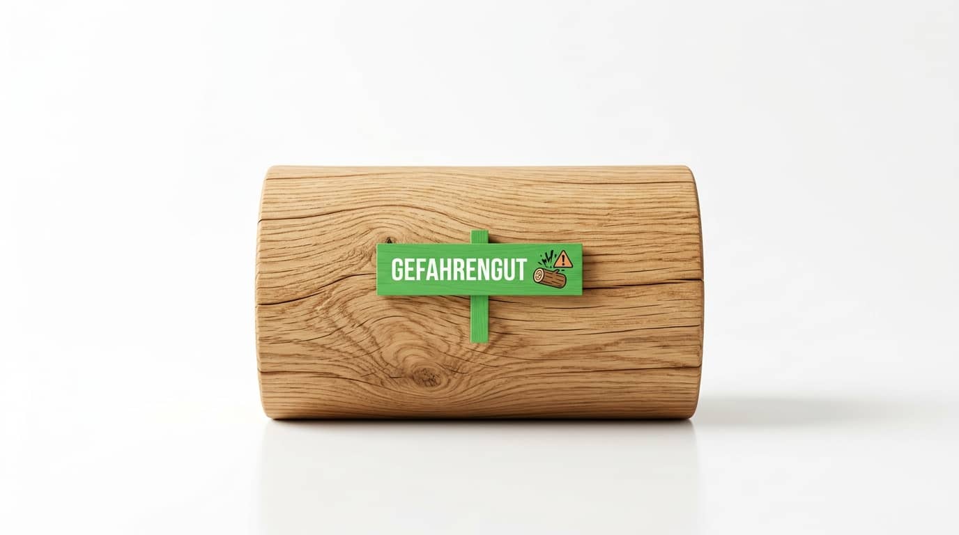 Holzklotz mit grünem Schild und dem Aufdruck „Gefahrengut“ auf weißem Hintergrund