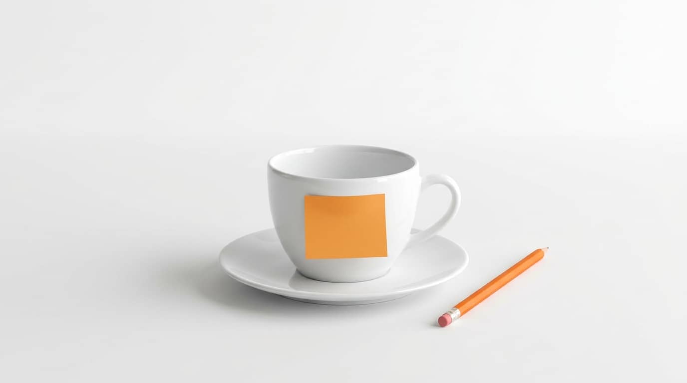 Weiße Tasse mit orangem Klebezettel auf Untertasse, daneben oranger Bleistift vor weiß