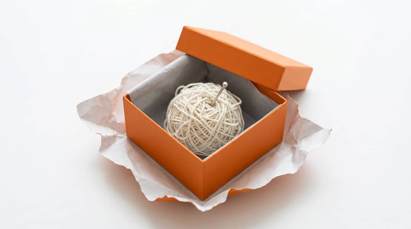 Orange Schachtel mit Garnknäuel und Nadel auf weißem Papier
